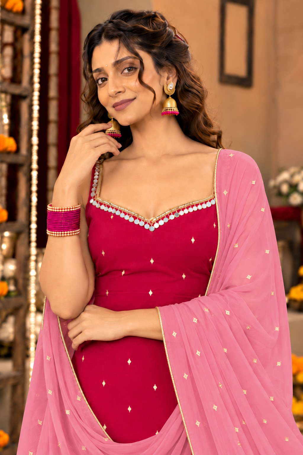 PARUL RUBY PINK COLOR BLOCK FARSHI SET