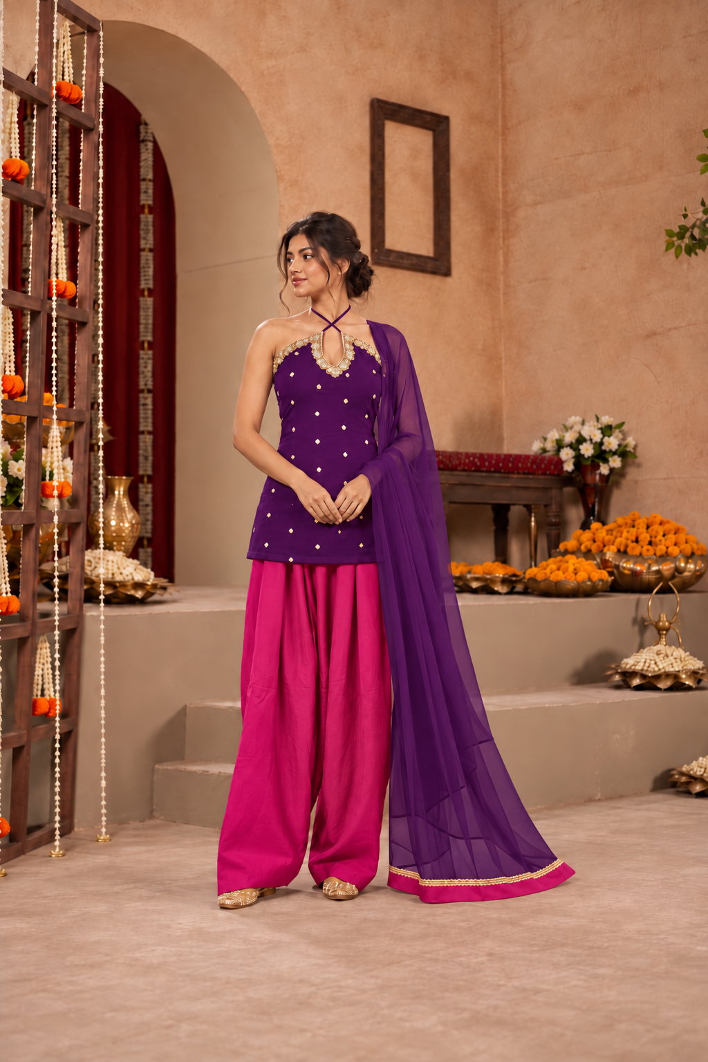 SAKSHI PURPLE PINK EMBELLISHED FARSHI SET