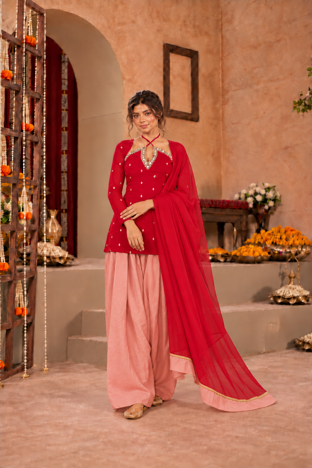 HAMNA RED BLUSH PINK EMBELLISHED FARSHI SET