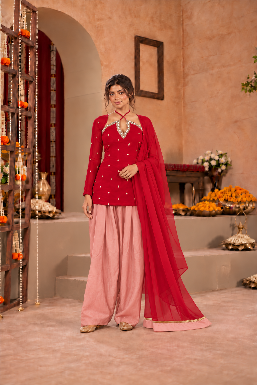 HAMNA RED BLUSH PINK EMBELLISHED FARSHI SET
