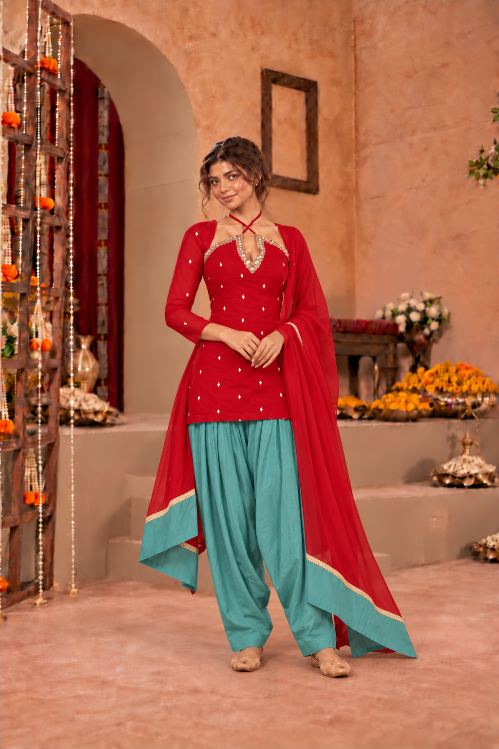TANUSHRI RED TEAL EMBELLISHED FARSHI SET