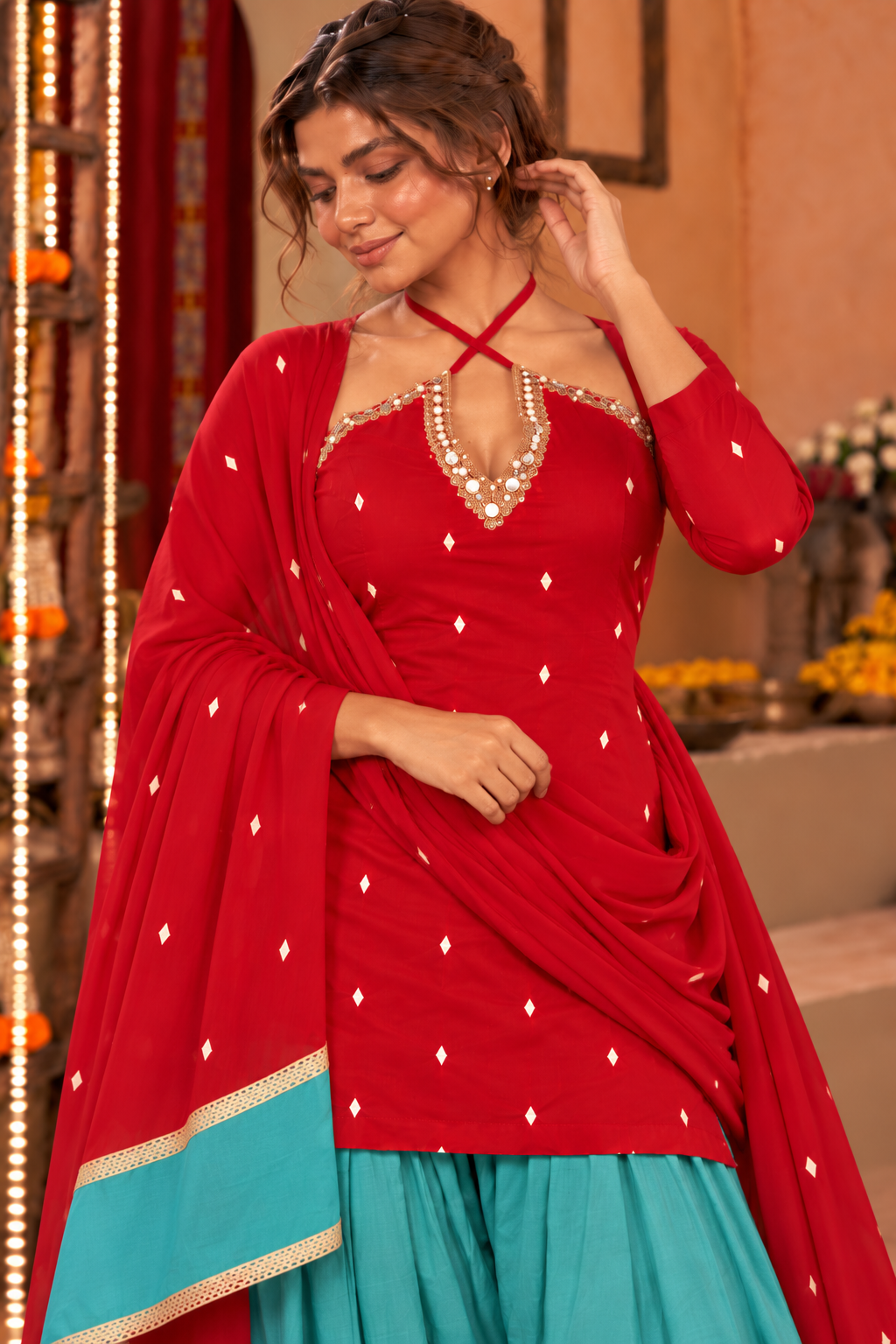 TANUSHRI RED TEAL EMBELLISHED FARSHI SET