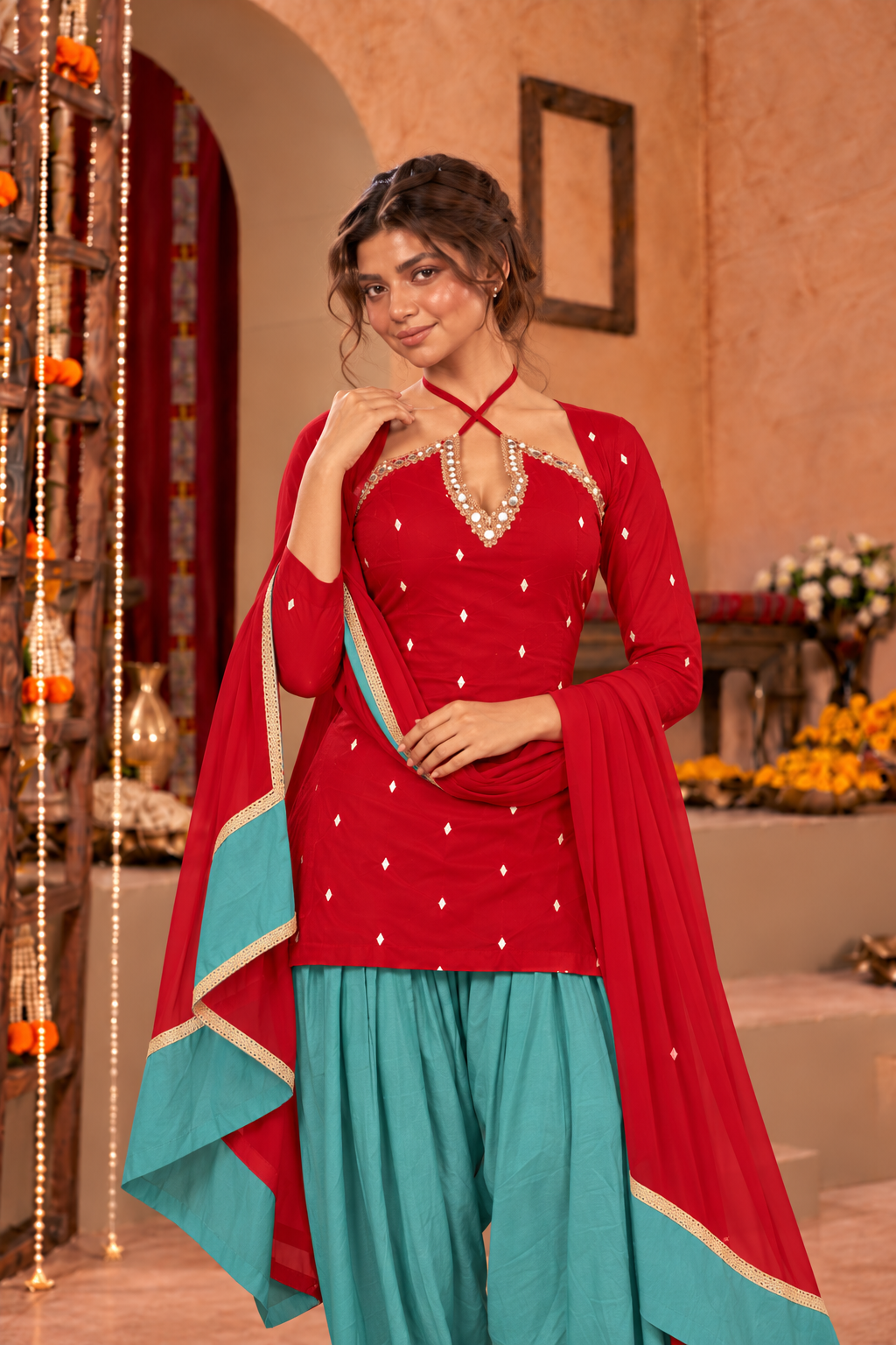 TANUSHRI RED TEAL EMBELLISHED FARSHI SET