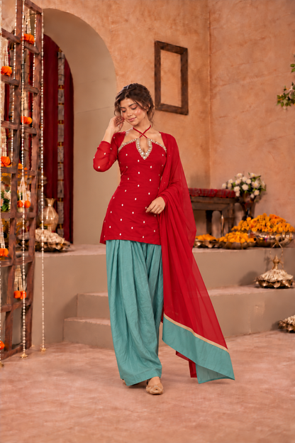 TANUSHRI RED TEAL EMBELLISHED FARSHI SET