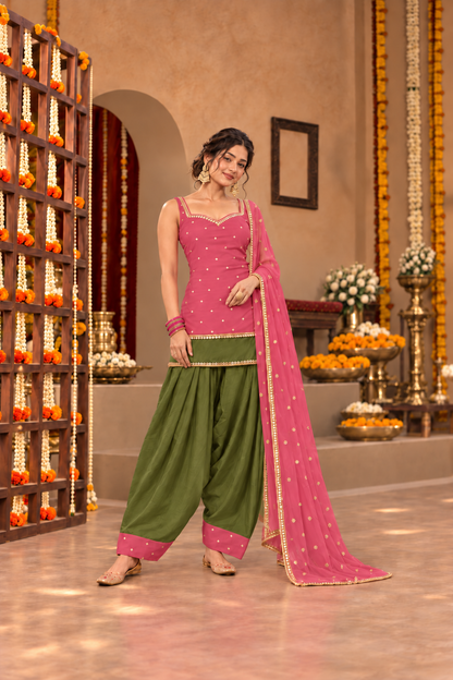 RAVIKA DUST ROSE GREEN COLOR BLOCK FARSHI SET