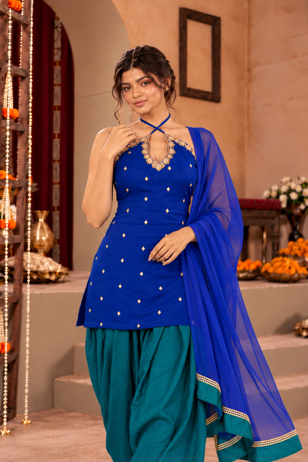 MRINMAI COBALT BLUE PEACOCK BLUE EMBELLISHED FARSHI SET