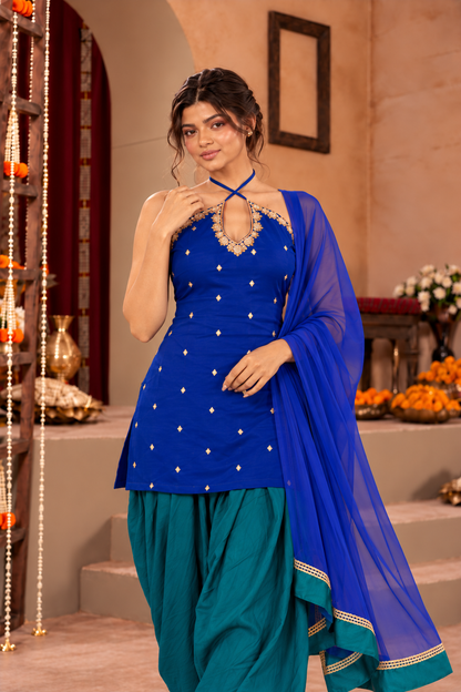 MRINMAI COBALT BLUE PEACOCK BLUE EMBELLISHED FARSHI SET
