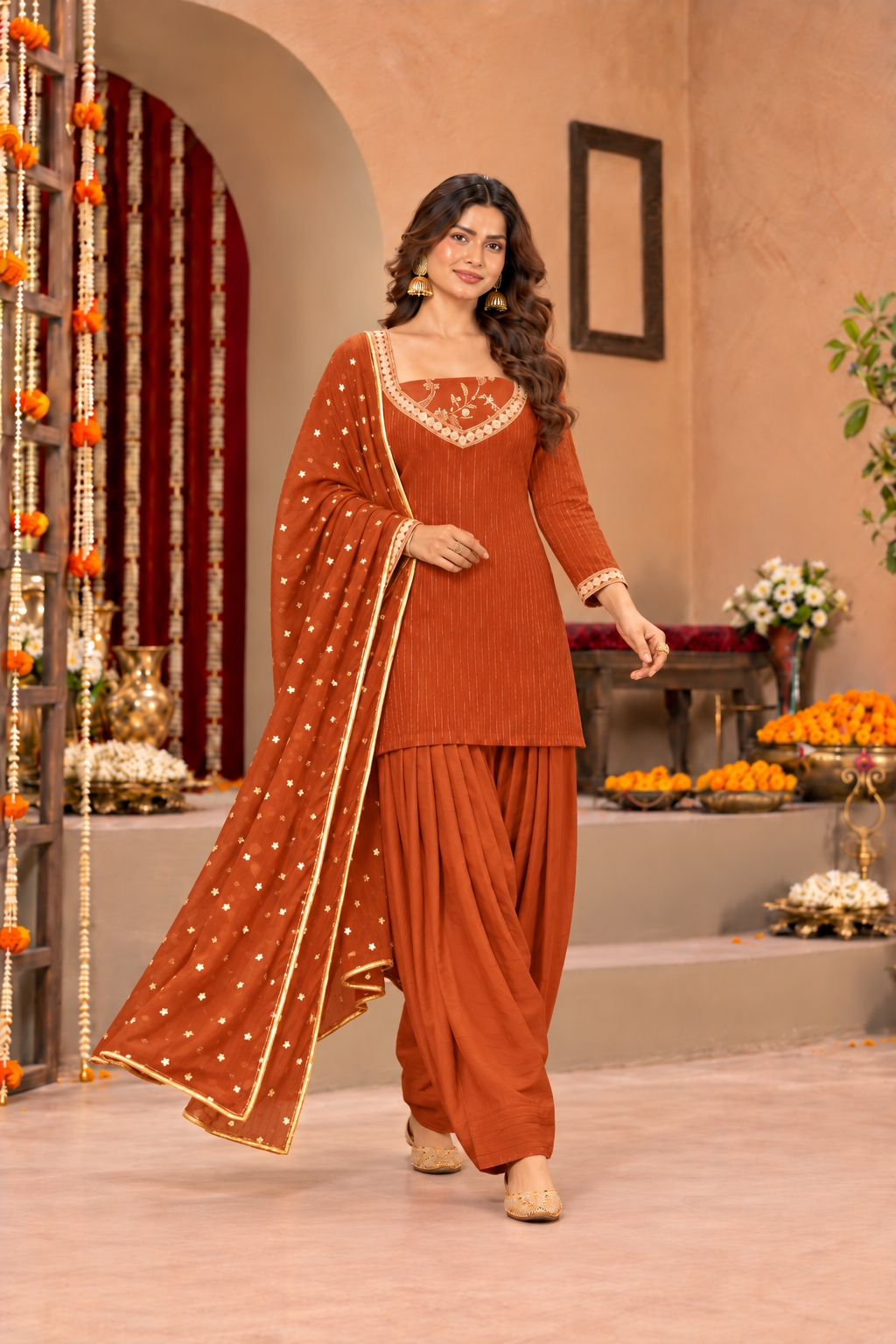 PARINEETI LUREX FUSION RUST FARSHI SET