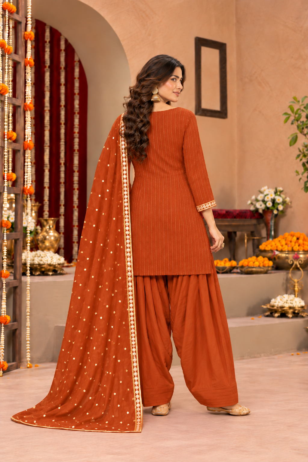 PARINEETI LUREX FUSION RUST FARSHI SET