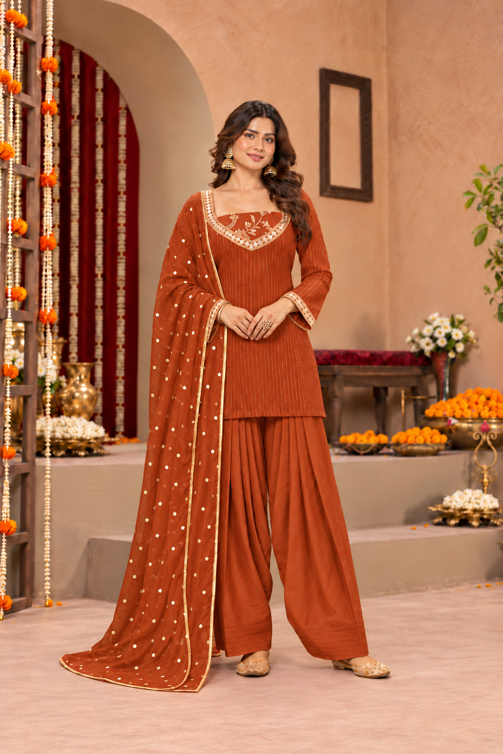 PARINEETI LUREX FUSION RUST FARSHI SET