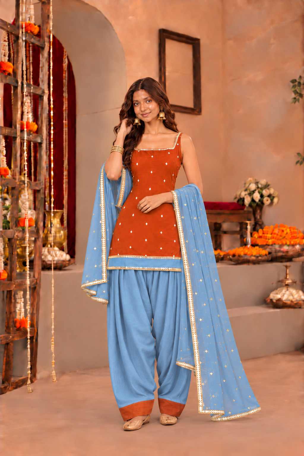 LEENA RUST POWDER BLUE COLOR BLOCK FARSHI SET (Copy)