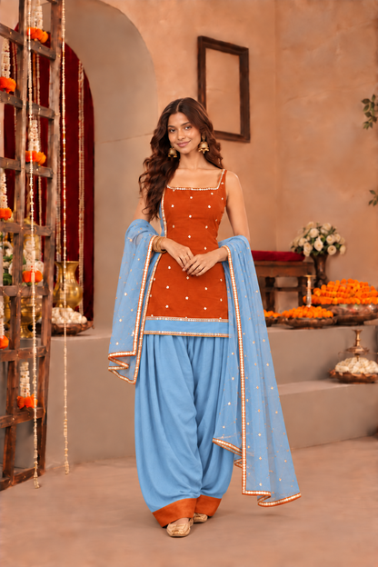 LEENA RUST POWDER BLUE COLOR BLOCK FARSHI SET (Copy)