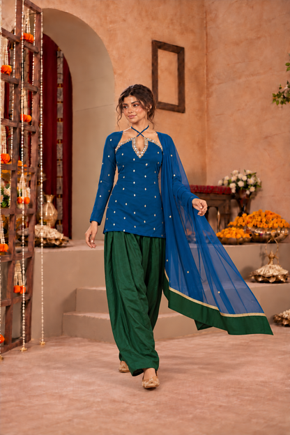 SHANAYA PEACOCK BLUE GREEN EMBELLISHED FARSHI SET