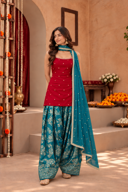 JAGRUTI RED TEAL FARSHI SALWAR SET