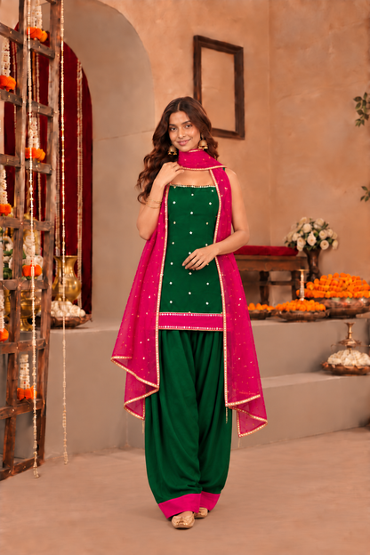 JUHI PINK GREEN COLOR BLOCK FARSHI SET