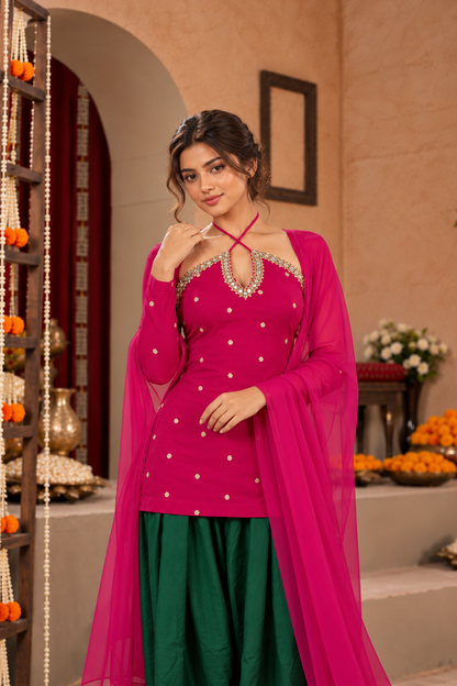 SABEEKA PINK GREEN EMBELLISHED FARSHI SET