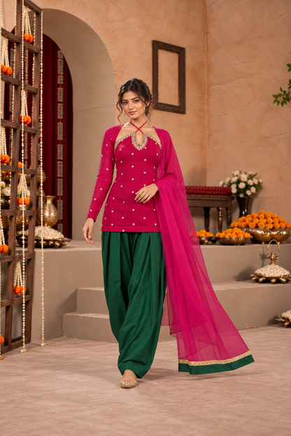 SABEEKA PINK GREEN EMBELLISHED FARSHI SET
