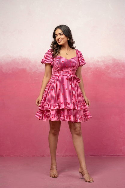 POPPY PINK PRINTED SHORT RUFFLED DRESS