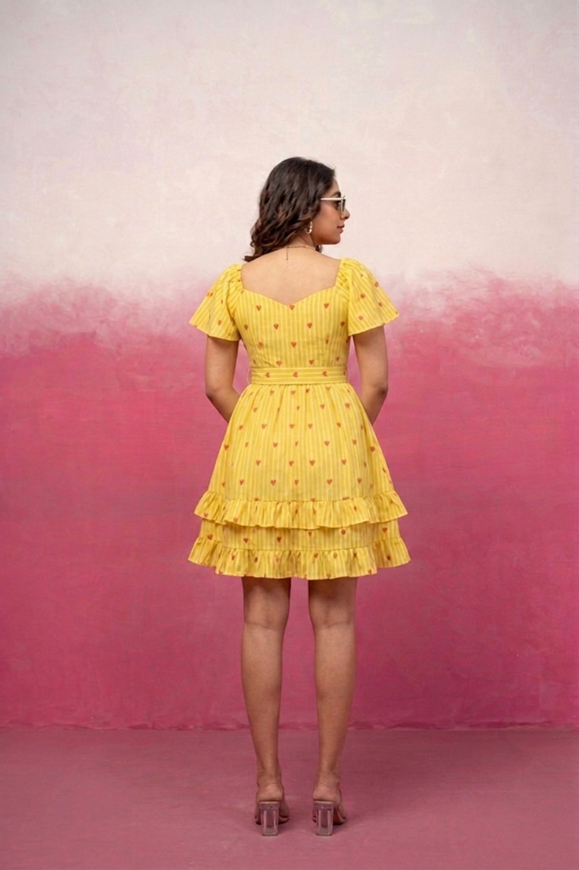IYLA YELLOW PRINTED SHORT RUFFLED DRESS