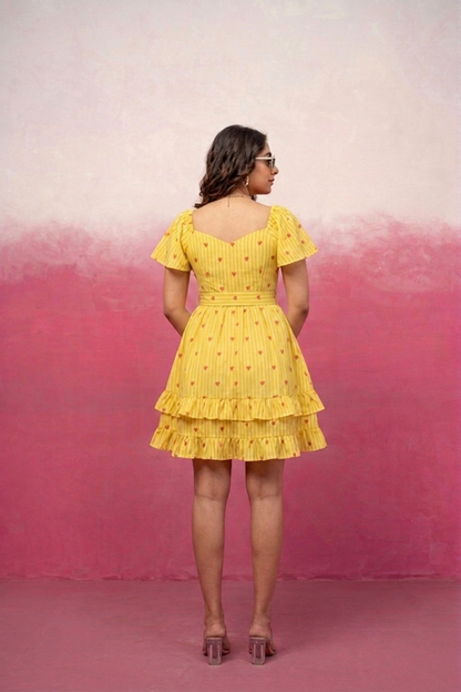 IYLA YELLOW PRINTED SHORT RUFFLED DRESS