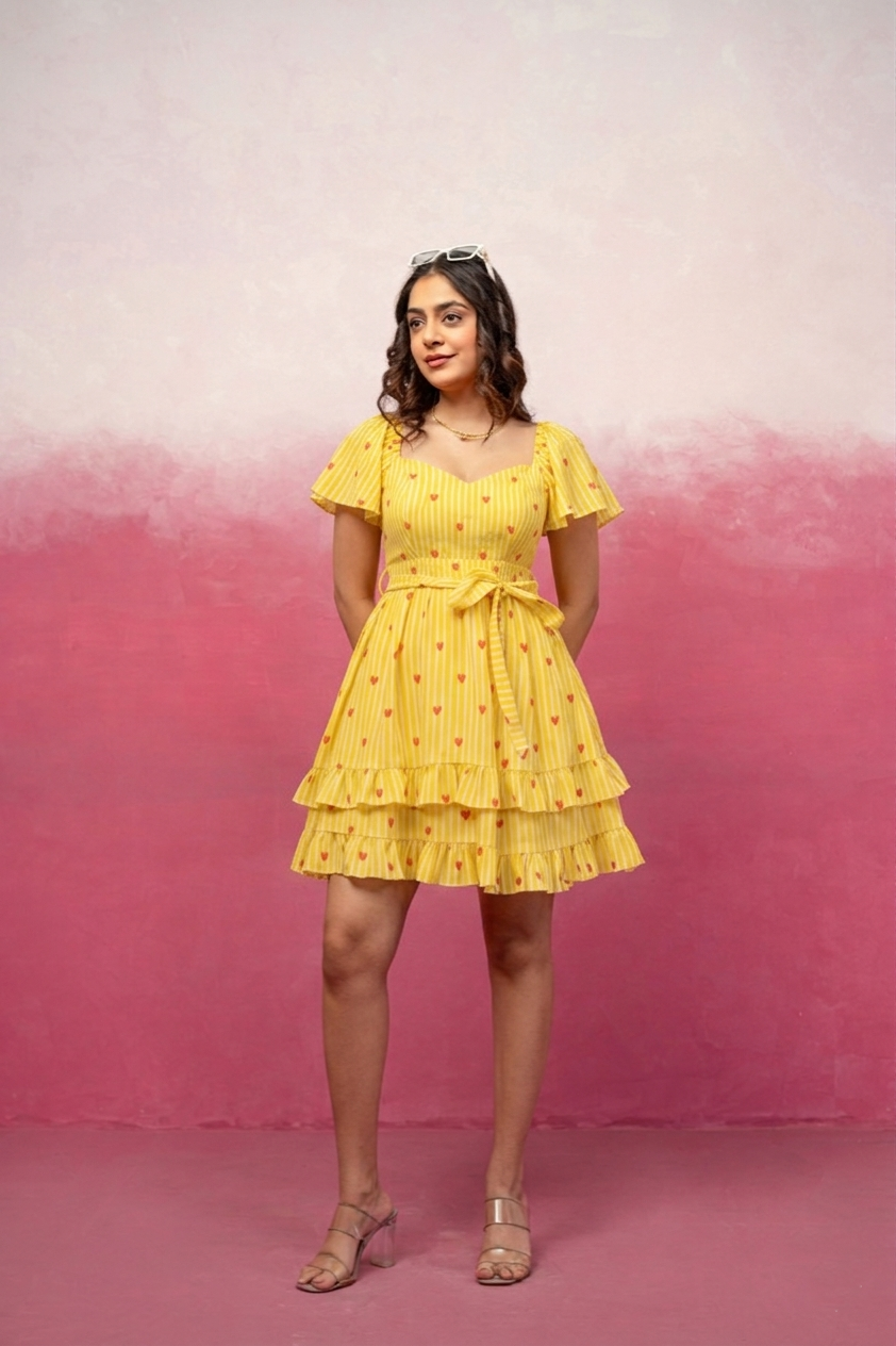 IYLA YELLOW PRINTED SHORT RUFFLED DRESS