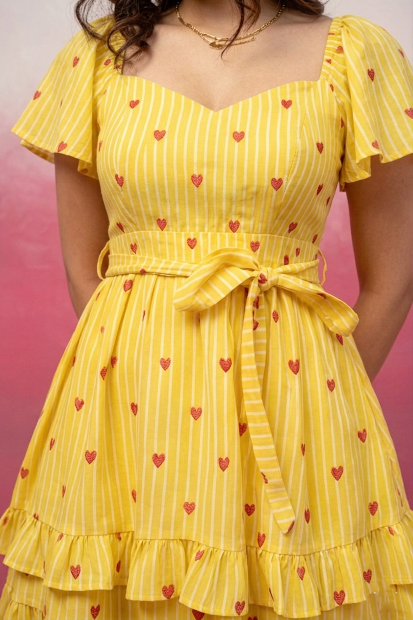 IYLA YELLOW PRINTED SHORT RUFFLED DRESS