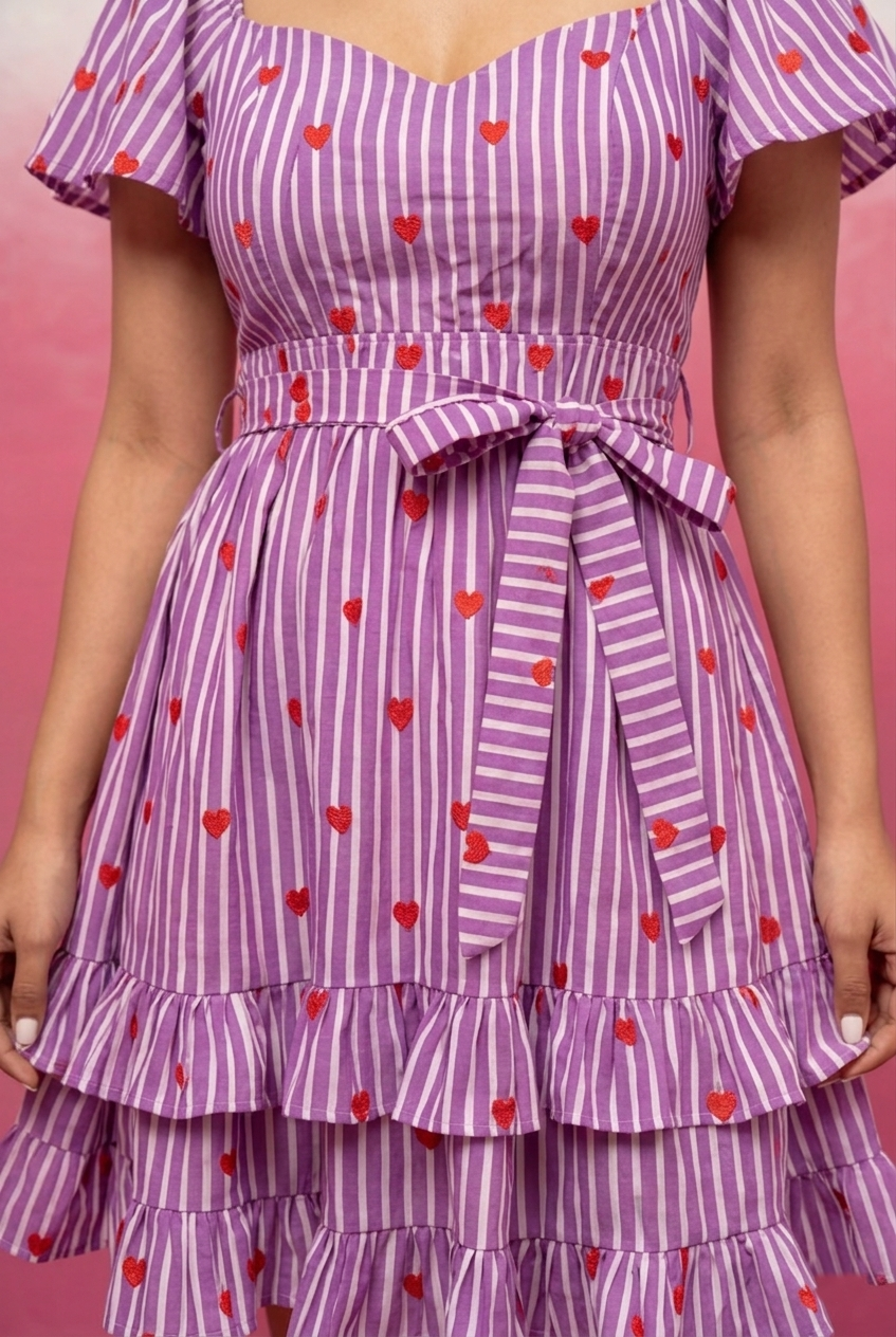 VALERIE PURPLE PRINTED SHORT RUFFLED DRESS