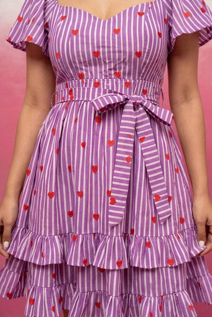 VALERIE PURPLE PRINTED SHORT RUFFLED DRESS
