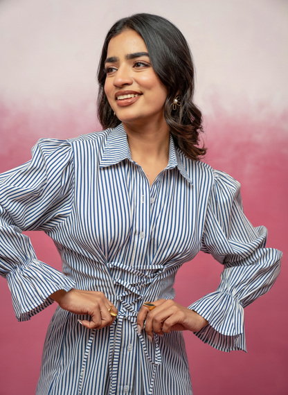 SAARYA BLUE STRIPED CORSET DRESS