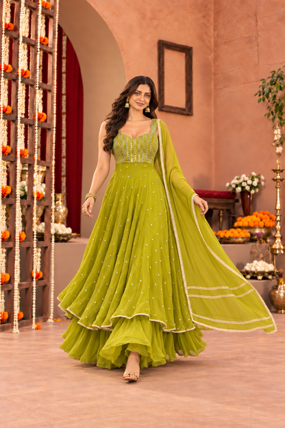 AKHILA GREEN FUSION ANARKALI SET