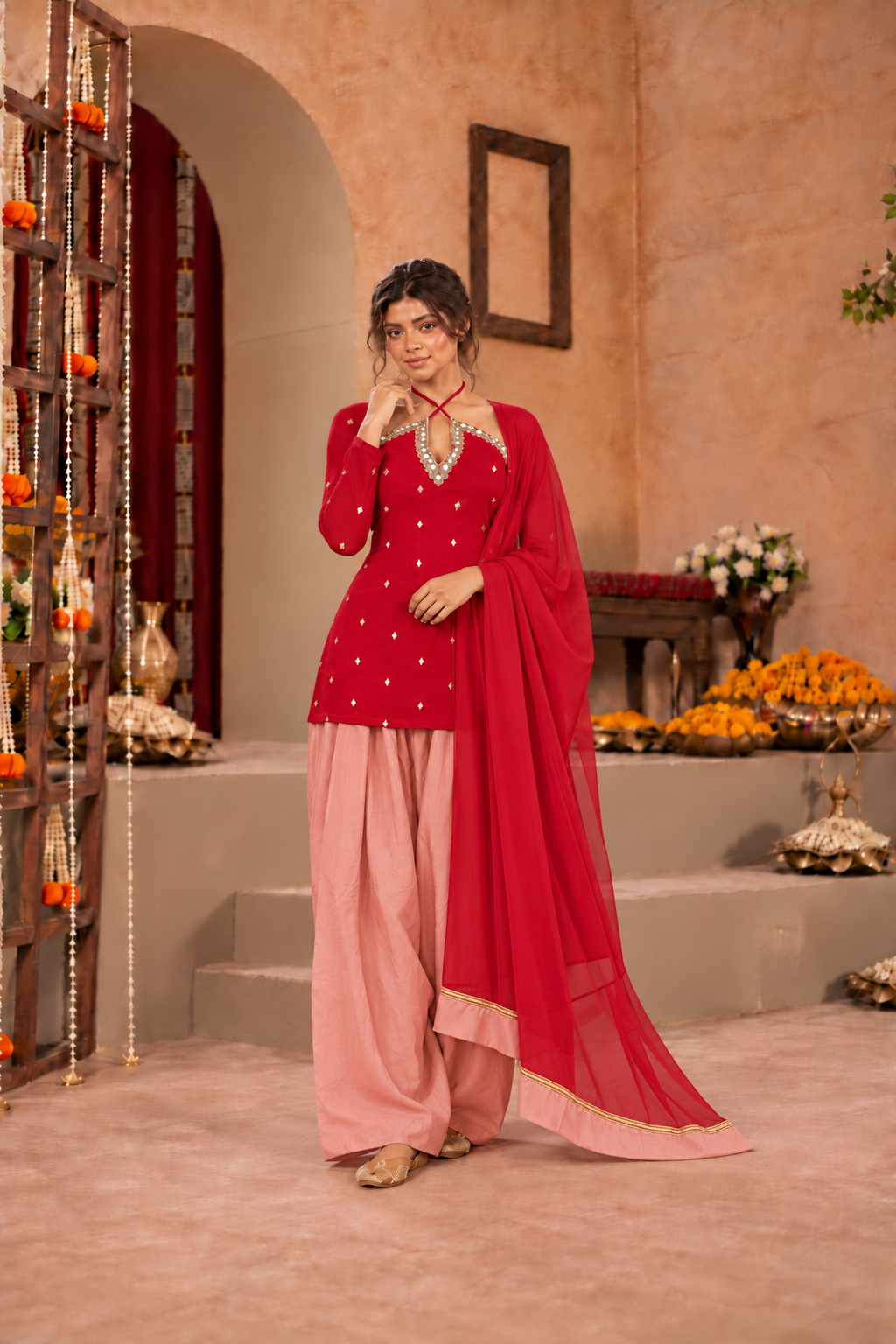 HAMNA RED BLUSH PINK EMBELLISHED FARSHI SET