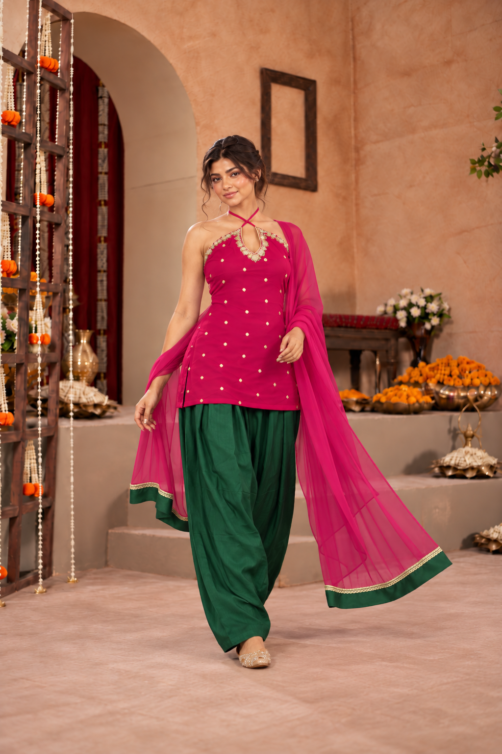JASMIN PINK GREEN EMBELLISHED FARSHI SET
