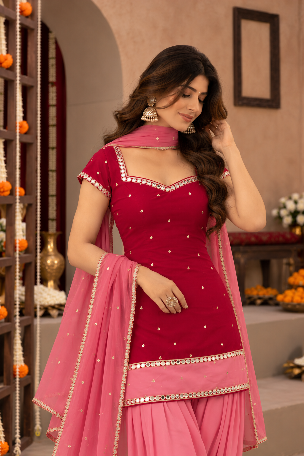 DEEPALI RUBY RED AND PINK COLOR BLOCK FARSHI SET