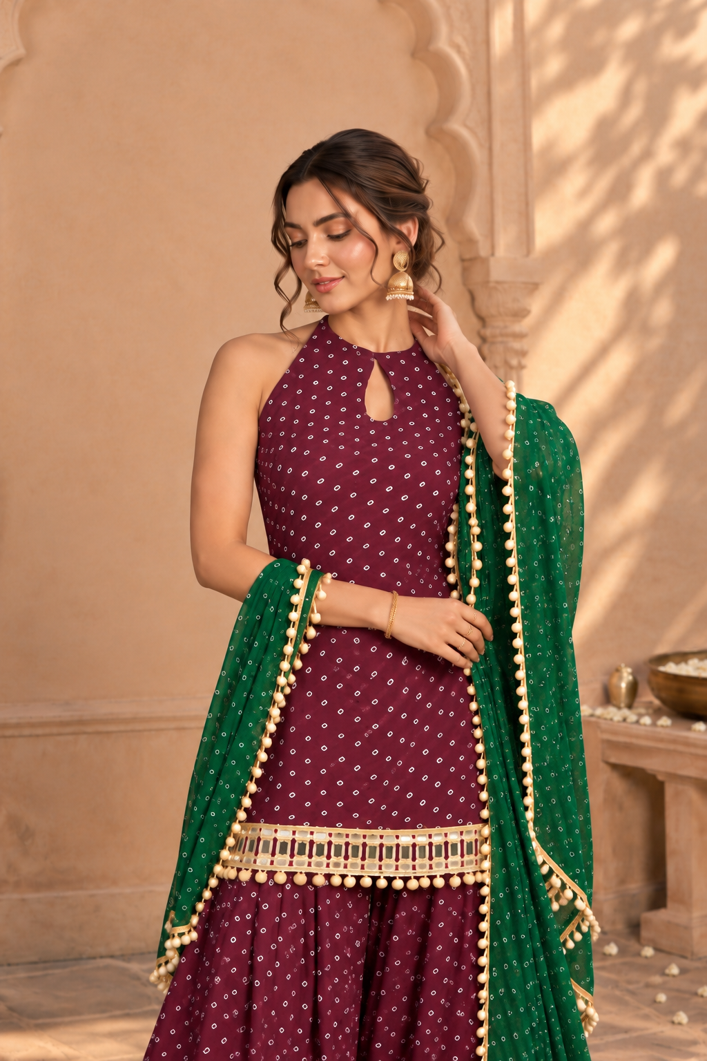 ERAM WINE BANDHEJ MIRROR WORK FARSHI SET