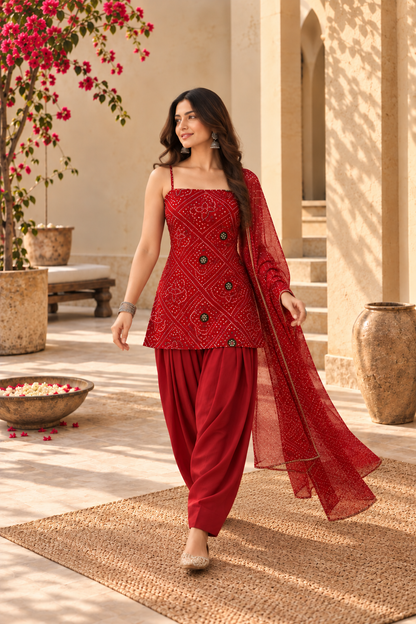 JONITA RED BANDHEJ FARSHI SET
