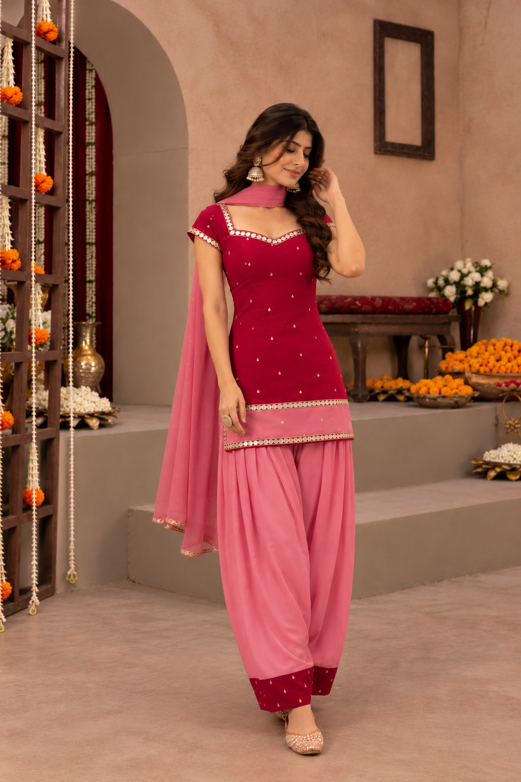 DEEPALI RUBY RED AND PINK COLOR BLOCK FARSHI SET