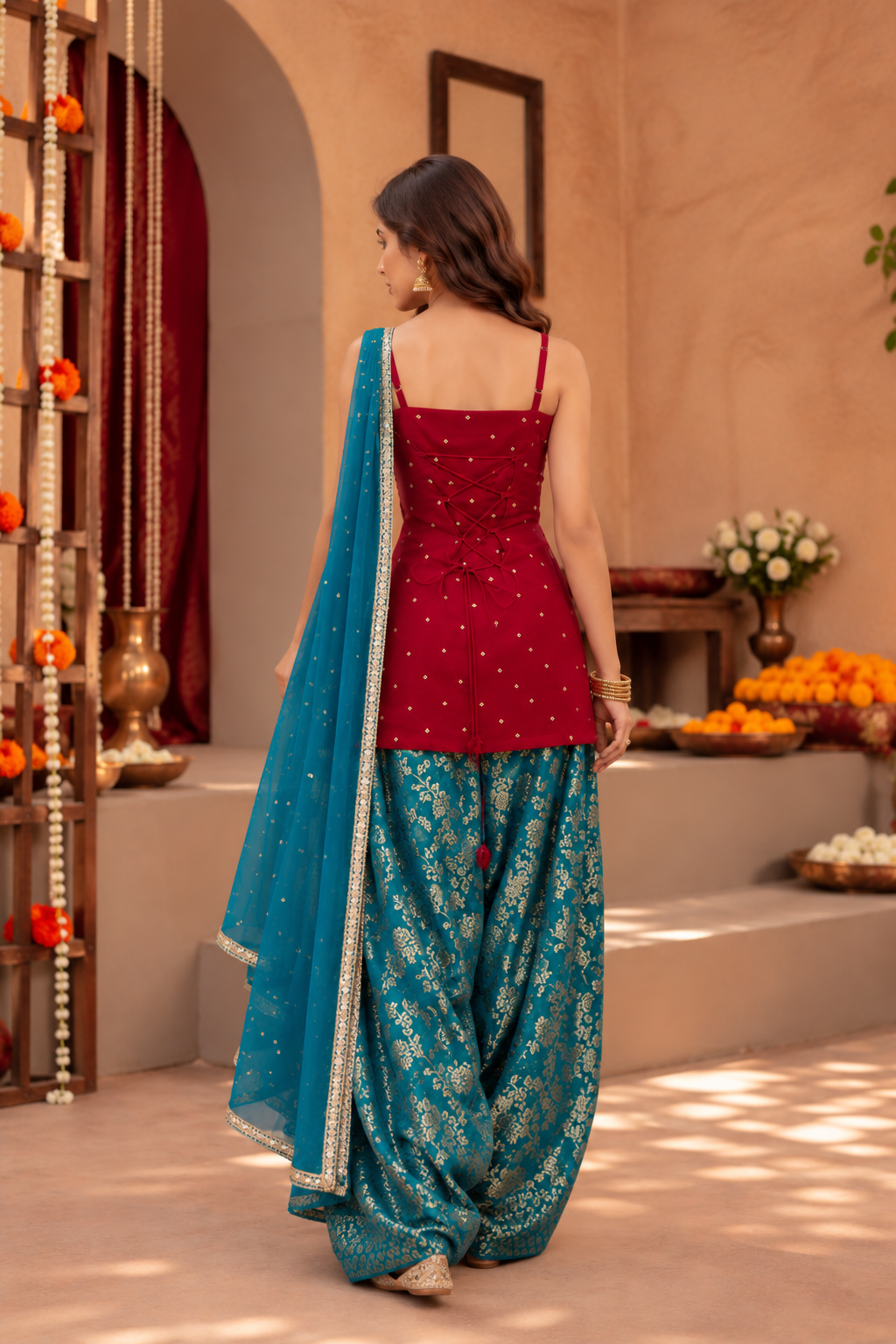 JAGRUTI RED TEAL FARSHI SALWAR SET