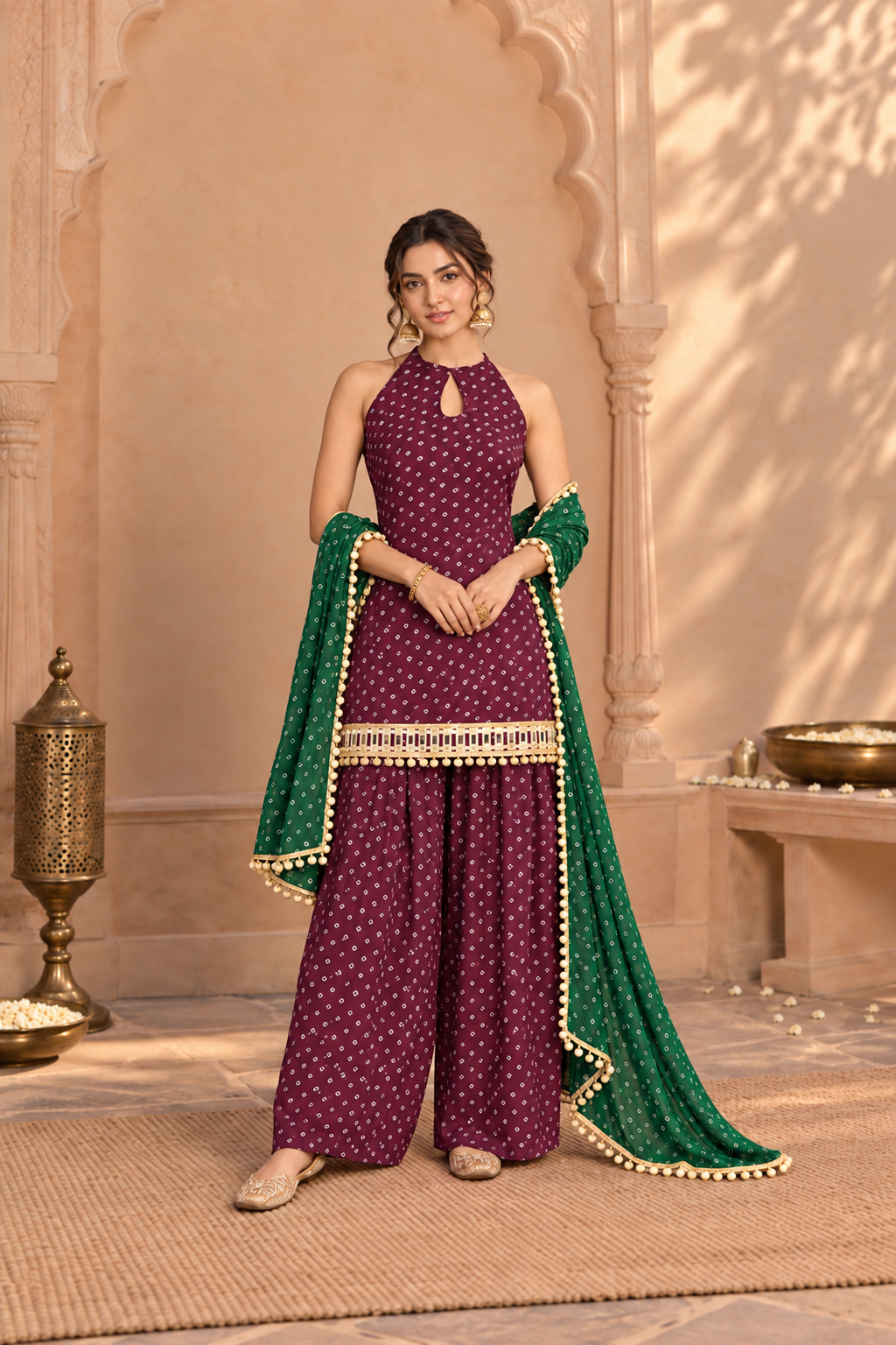 ERAM WINE BANDHEJ MIRROR WORK FARSHI SET