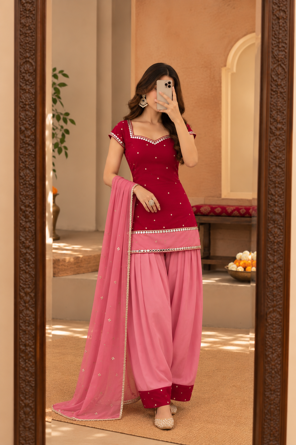 DEEPALI RUBY RED AND PINK COLOR BLOCK FARSHI SET