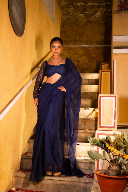 INAYA EMBROIDERED PRE DRAPED NAVY BLUE SAREE