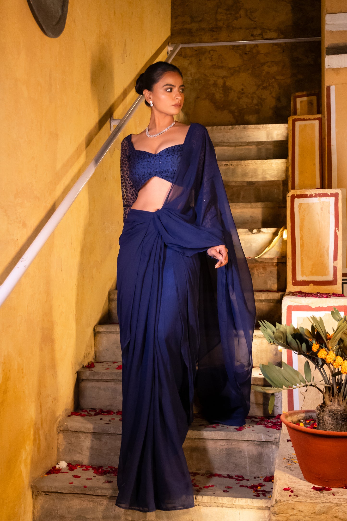 INAYA EMBROIDERED PRE DRAPED NAVY BLUE SAREE