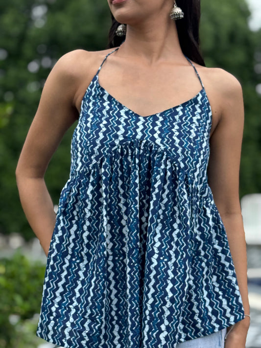 TISYA INDIGO COTTON HALTER NECK KURTI