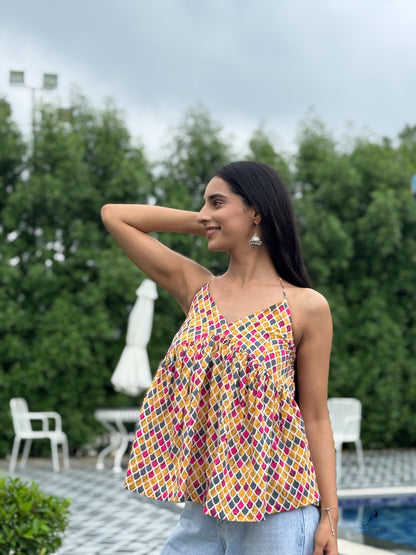 SUHANA YELLOW COTTON HALTER NECK SHORT KURTI