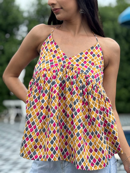 SUHANA YELLOW COTTON HALTER NECK SHORT KURTI