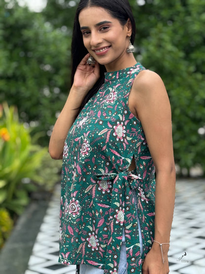 ANVIKA GREEN COTTON SIDE KNOTS SHORT KURTI