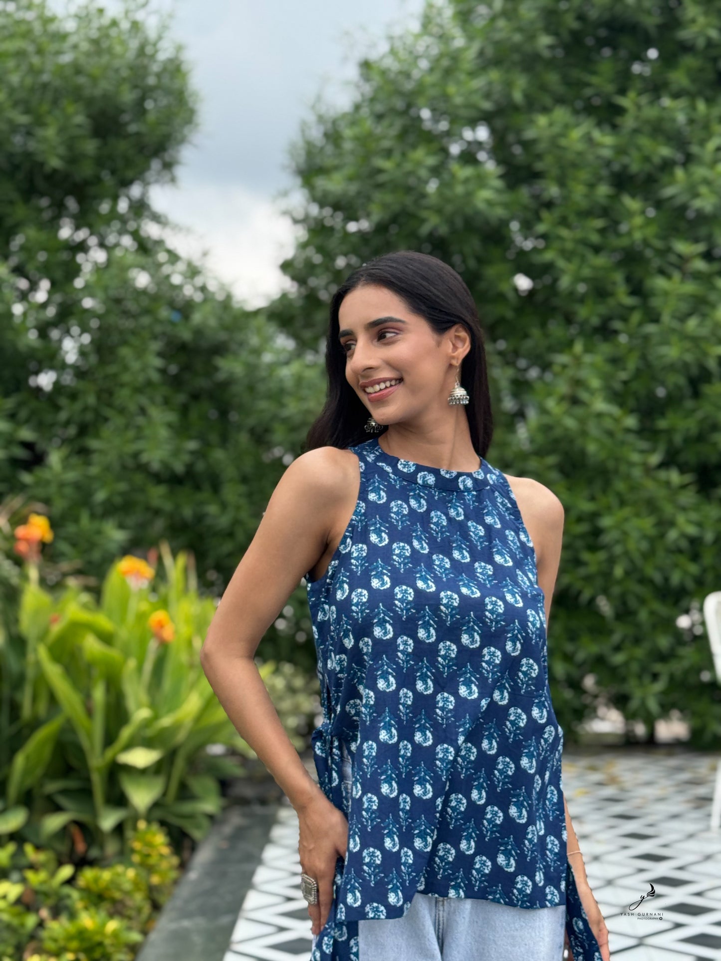 KUSUMITA INDIGO BLUE COTTON SIDE KNOTS SHORT KURTI