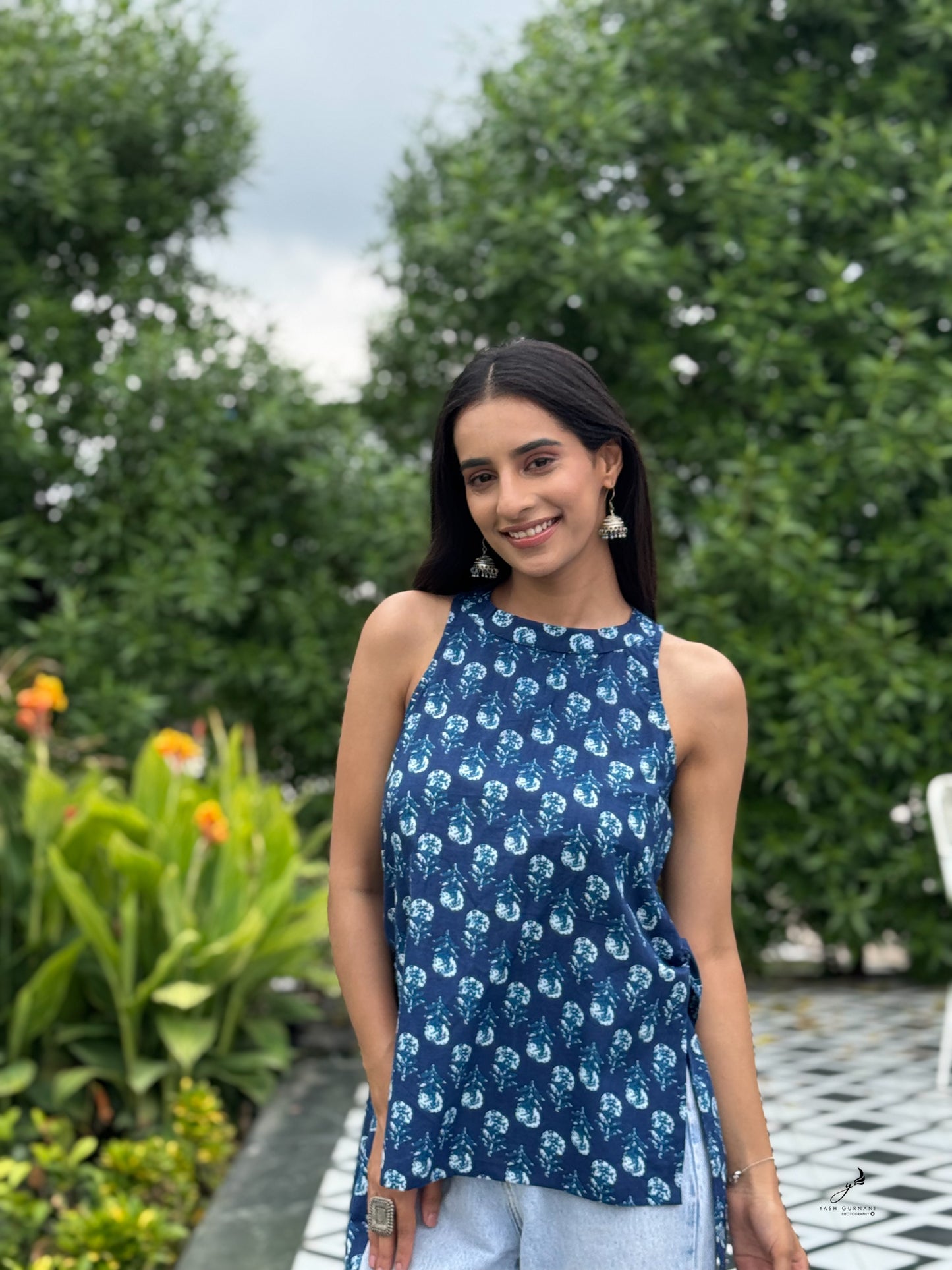 KUSUMITA INDIGO BLUE COTTON SIDE KNOTS SHORT KURTI