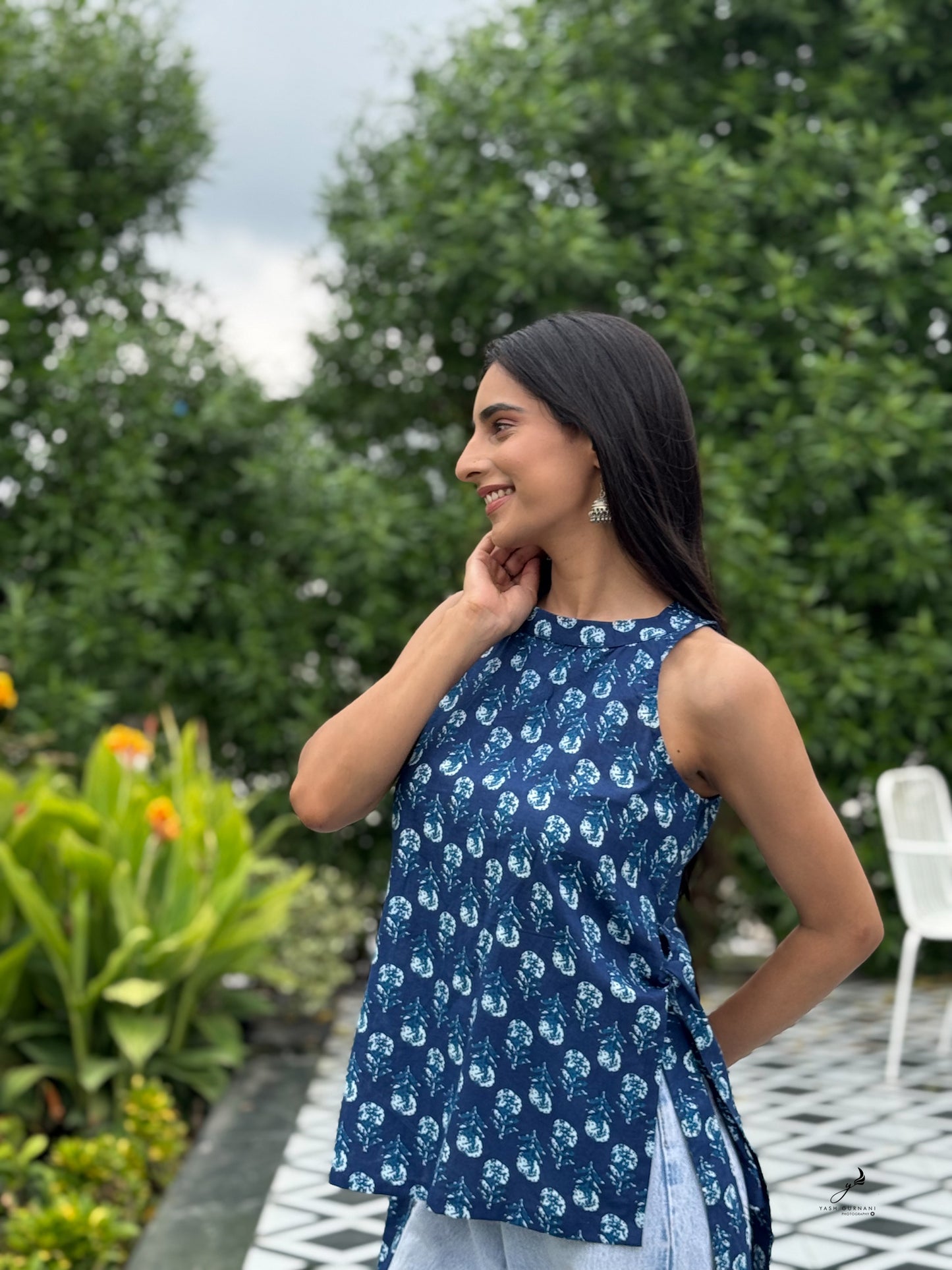 KUSUMITA INDIGO BLUE COTTON SIDE KNOTS SHORT KURTI