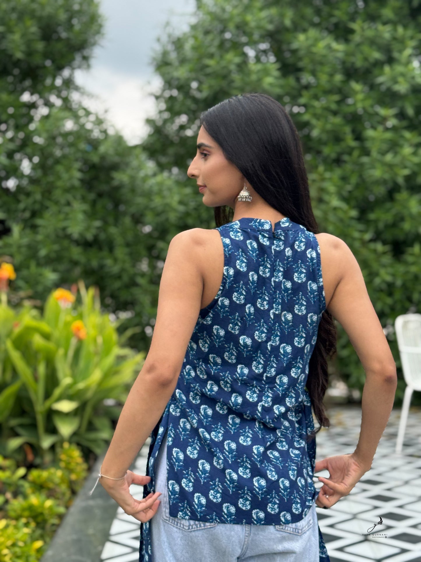 KUSUMITA INDIGO BLUE COTTON SIDE KNOTS SHORT KURTI