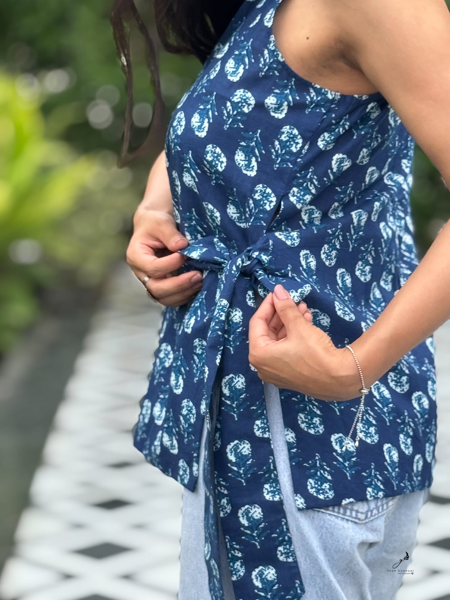 KUSUMITA INDIGO BLUE COTTON SIDE KNOTS SHORT KURTI